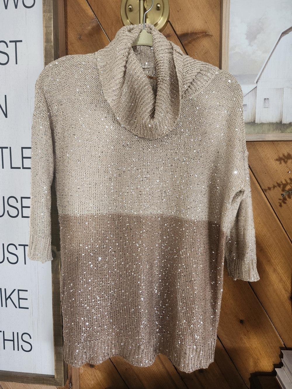 Bellatini Sequin Cowl Neck Sweater | Taupe Colorblock Knit | Quiet Luxury | M - Picture 2 of 4